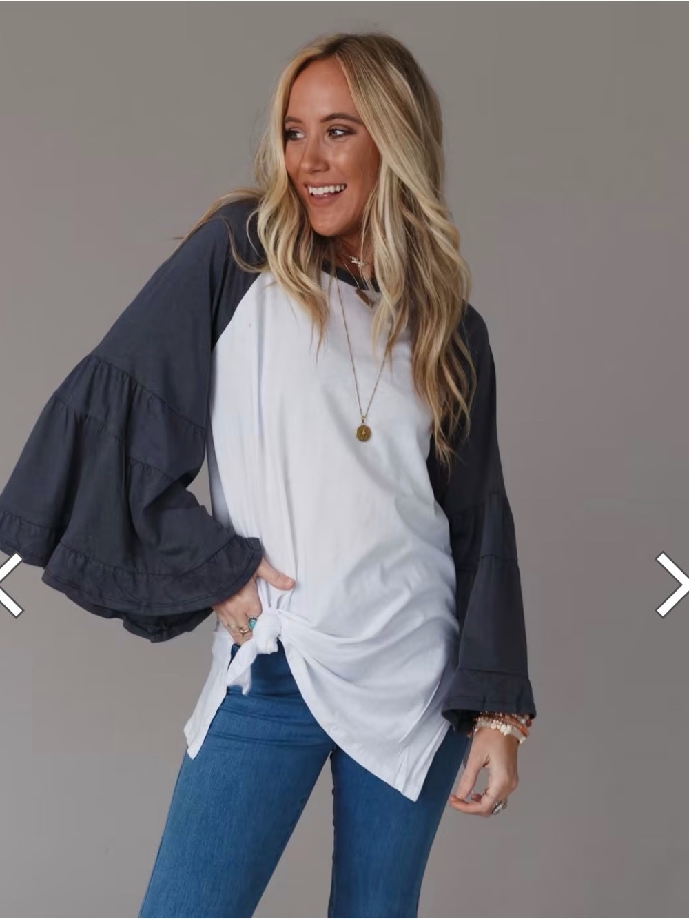 Three Bird Nest Pink & Gray Ruffle-Sleeve Raglan Long Sleeve Top - Picture 3 of 7